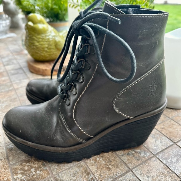 FLY LONDON Ankle Boot Dark Moss GREEN OLIVE lace up wedge BOOT boho 39 size 8 - Picture 4 of 12